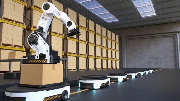 机器人手臂拿起箱子用于自主机器人在仓库运输仓库自动化概念