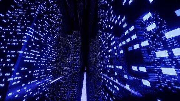 抽象的背景如城市带着霓虹灯穿越科技的网络空间通过高科技隧道的科幻飞行霓虹灯3d循环无缝4k明亮的背景数据流
