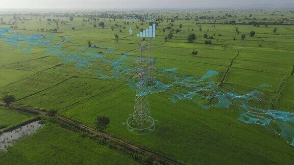 鸟瞰图的电力塔在农村的场景在早上与CG电网和线路连接像能量流