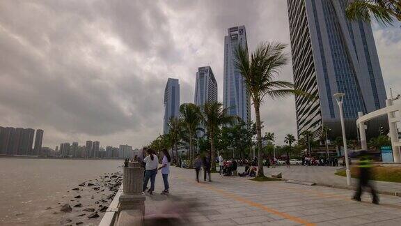 白天珠海城市游客拥挤的海滨大道湾澳门观看全景时间间隔4k中国