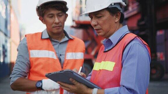 两个在航运港口工作的亚洲男性工程师