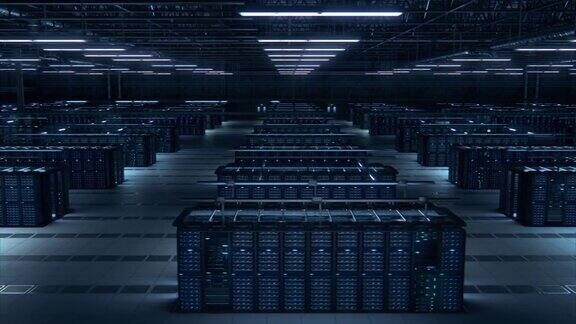 现代数据技术中心服务器机架在暗室工作物联网概念大数据保护存储加密货币农场云计算3D快速平移相机拍摄