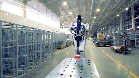 一个机器人在一个仓库和一个人类一起工作