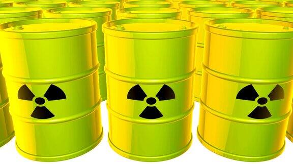 循环动画背景与酸绿黄桶与黑色标志的辐射放射性物质有毒废物白色背景4k无缝循环