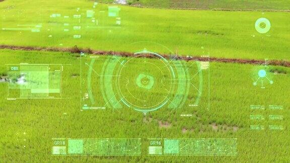 无人机拍摄飞行鸟瞰图与用户界面文本图形栏和目标指针元素未来和网络技术