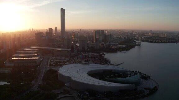 日出与CBD建筑中国苏州航拍