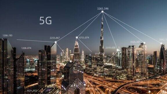 ZI迪拜城市和5G网络概念从白天到夜晚阿联酋