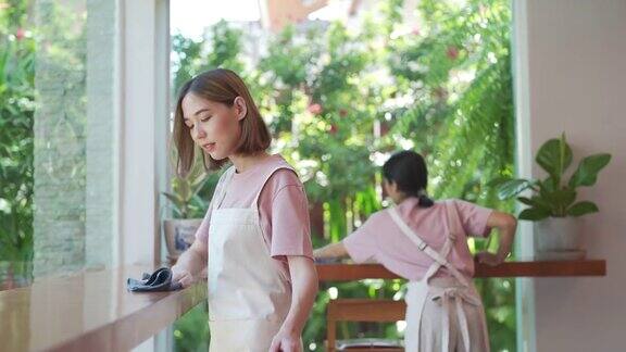 4K年轻的亚洲女服务员在咖啡店开业前打扫
