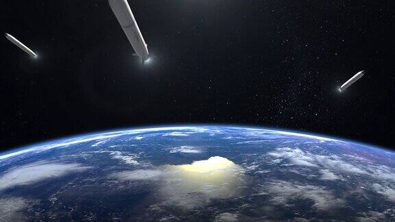 一组高超音速核导弹在地球上空起飞从空间火箭飞行和旋转高超声速武器核战争4k3d动画
