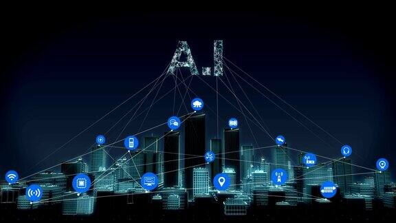 继续前进智慧城市、智慧建筑上的各种物联网传感器图标连接“AI”4k