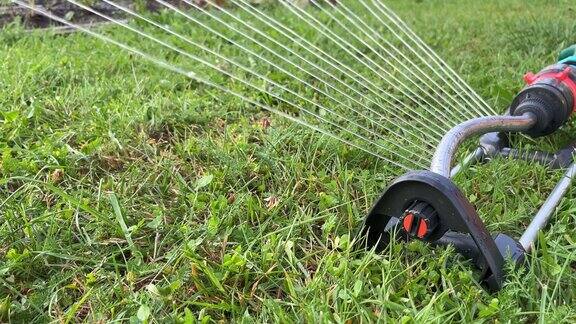 灌溉洒水器在花园里浇灌着绿色的草坪