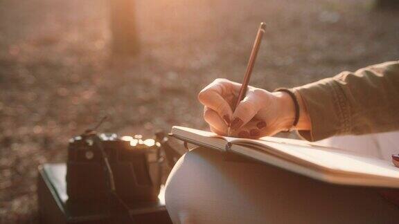 女人的手笔记本在自然日落近距离拍摄手持