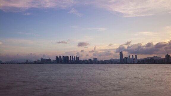 日落天空珠海城市景观拥挤的交通海湾全景4k时间流逝中国