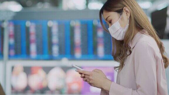亚洲妇女在机场乘坐公共交通工具时戴着白色口罩使用手机
