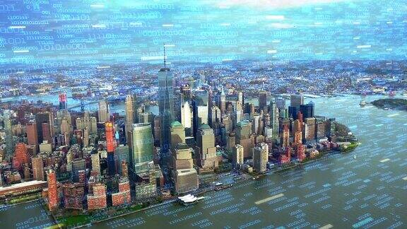 利用大数据网络技术鸟瞰纽约未来完美的说明:物联网智慧城市大数据增强现实从直升机上拍摄的