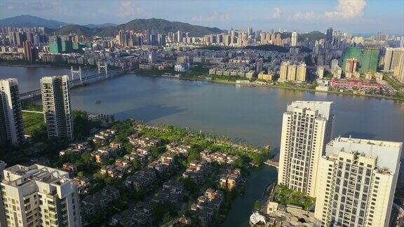 阳光明媚的一天珠海市景河湾航拍全景4k中国