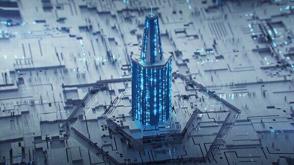 塔的发光蓝色数字十六进制代码无缝循环3D渲染动画