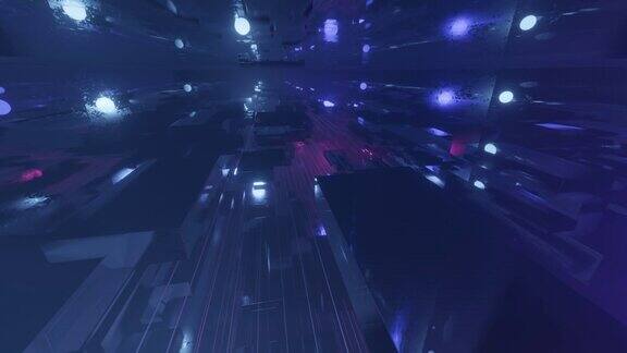 在霓虹灯的照耀下飞越科技空间科幻建筑迷雾中的神秘3d物体通过高科技隧道的科幻飞行全息图和霓虹灯3d循环无缝4kbg