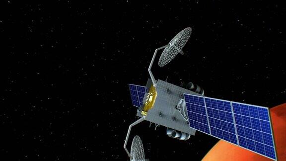 虚构的太空卫星正在接近火星3d动画星球的纹理是在没有照片和其他图像的图形编辑器中创建的