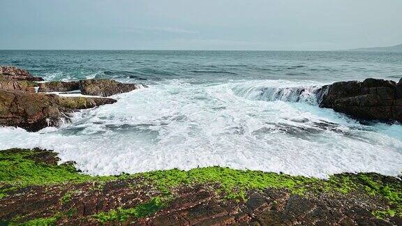 白色的波浪冲刷着长满苔藓的棕色岩石探索令人惊叹的海岸景观