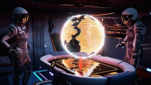 宇航员在飞船的控制室中选择飞行路线宇航员-旅行者这部动画非常适合太空和科幻背景