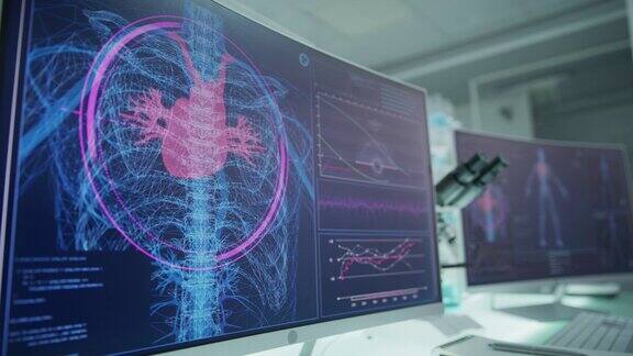 空的实验室有电脑和显微镜带有动画人体模型的屏幕扫描虚拟病人的损伤心脏和有红色标记的静脉