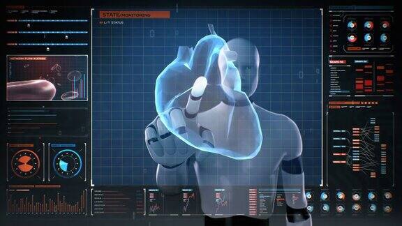 机器人触摸数字屏幕扫描多边形心脏具有UI的人体心血管系统未来的医疗技术4k.1