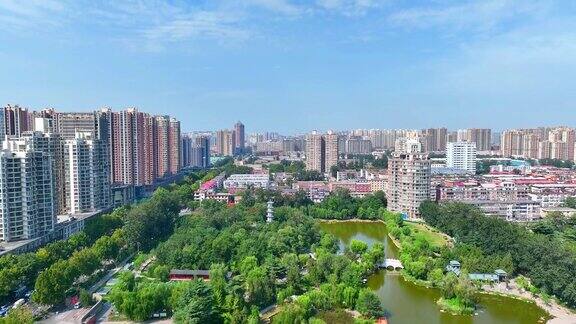 中国河北省石家庄市长安区长安公园人民大会堂航拍图