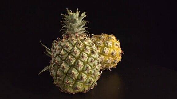 两个美丽的菠萝在黑色背景下大的果实类似于针叶球果菠萝水果富含维生素健康食品