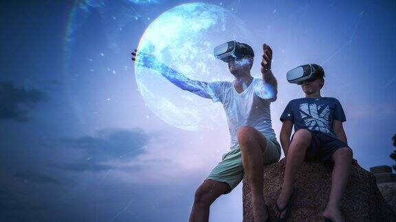 坐在外面用VR头盔看地球全息图