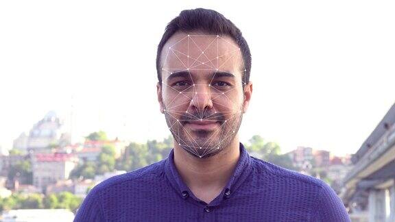 未来和技术扫描的脸一个人的面部识别和扫描人4k的视频