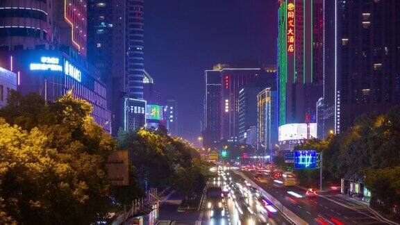 长沙市市中心夜晚灯火辉煌著名的交通街道全景时间跨度4k中国