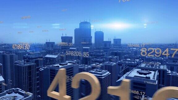 鸟瞰图的未来城市与摩天大楼和数字