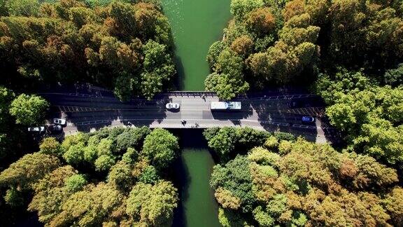 航拍的道路通过湖泊和树木地区