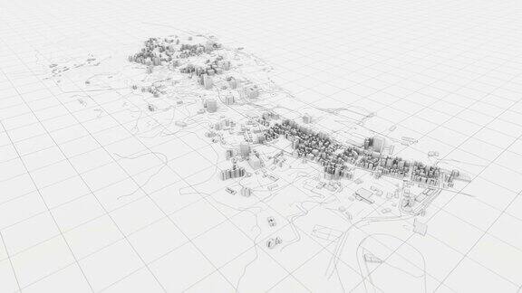 在虚拟空间中构建一个带有建筑和道路的抽象的白色3D城市