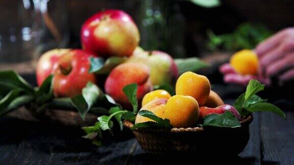 夏天的水果放在木桌上