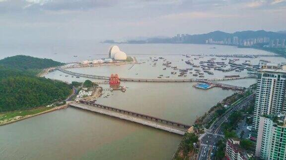 中国黄昏日落时间珠海湾著名歌剧院航拍全景4k时间流逝