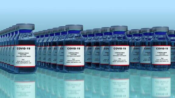 Covid-19冠状病毒疫苗生产和携带冠状病毒疫苗的小瓶转移到制药生产线上的包装循环可以视频