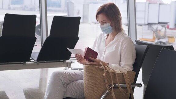 一名戴口罩的妇女在机场候机楼检查护照和登机牌