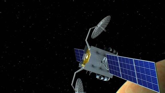 虚构的太空卫星正在接近金星3d动画星球的纹理是在没有照片和其他图像的图形编辑器中创建的