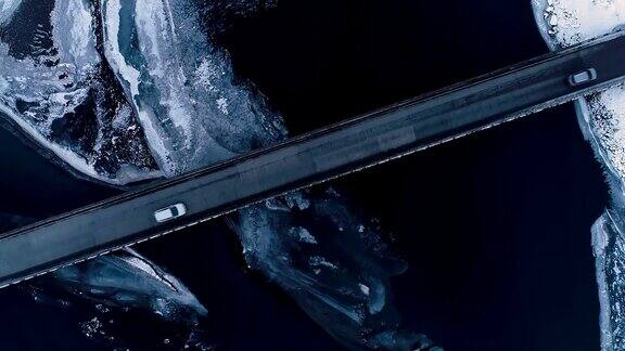 鸟瞰图冰冻的蓝色河与一座桥-冰岛