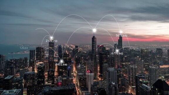 鸟瞰图芝加哥城市和5G网络概念日落到夜晚过渡