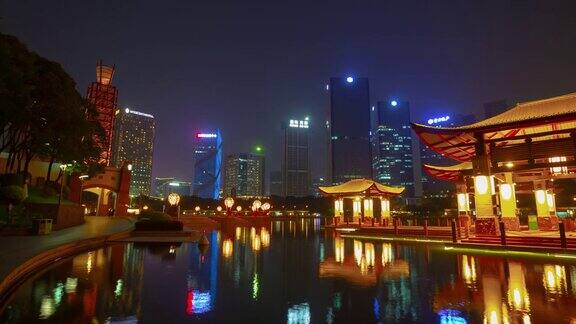 夜间时间照明佛山市著名滨江公园广场全景时间跨度4k中国