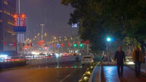 长沙市夜间照明交通街道边全景时间间隔4k中国
