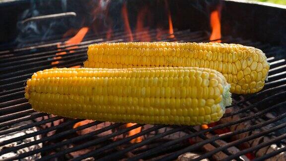 在炙热的烧烤架上烤着的玉米棒子