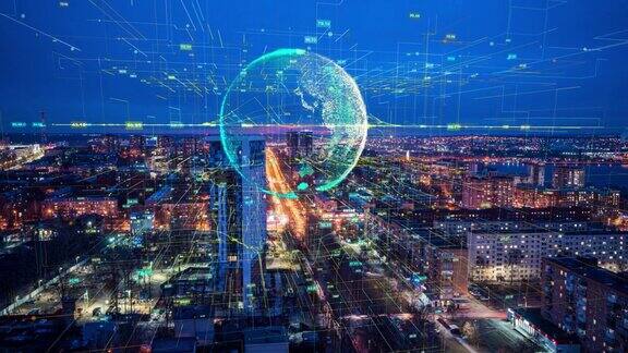 智能城市航拍无人机在网络通信过程中形成的全息图信息拱门未来网络和技术5G无人机微光4k视频循环时间流逝