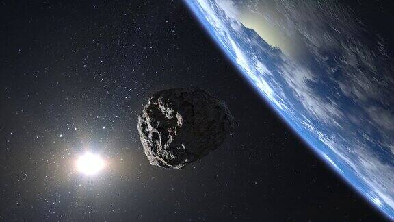 一颗小行星从地球附近飞过小行星缓慢旋转并接近星空4k星星在闪烁3d渲染美国国家航空航天局