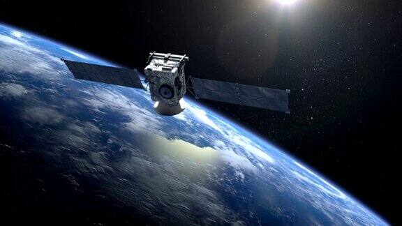 卫星扫描并监控地球卫星正在绕地球轨道运行摄像机拍摄了卫星的特写镜头地球的地平线向右转4k