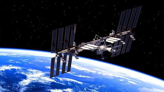 国际空间站在地球上空飞行并旋转其太阳能电池板
