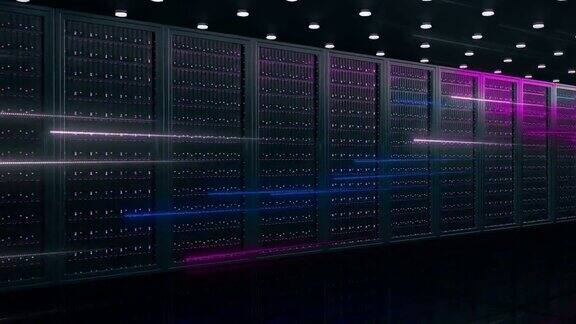 数字信息通过光缆通过网络和数据服务器在数据中心服务器室玻璃板后传输高速数字线路